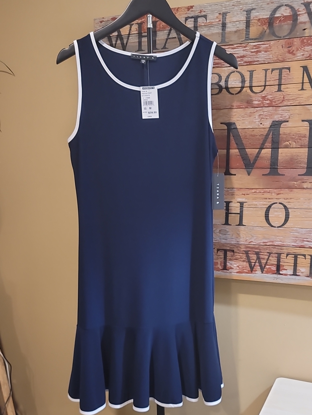 Sleeveless Navy Blue Knit Flounce Dress with White Trim